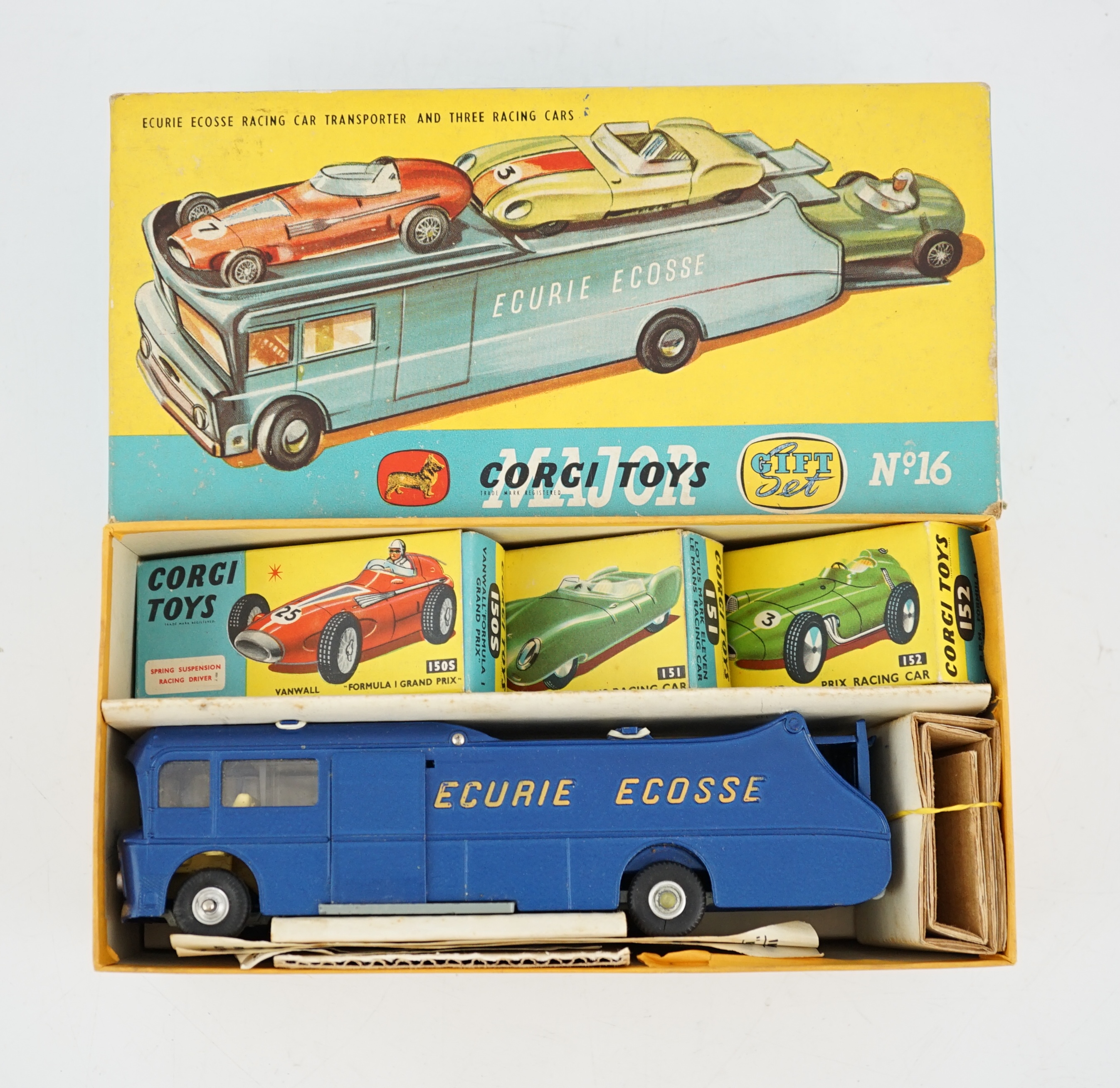 A boxed Corgi Major Toys Ecurie Ecosse Racing Car Transporter and three racing cars, Gift Set No.16